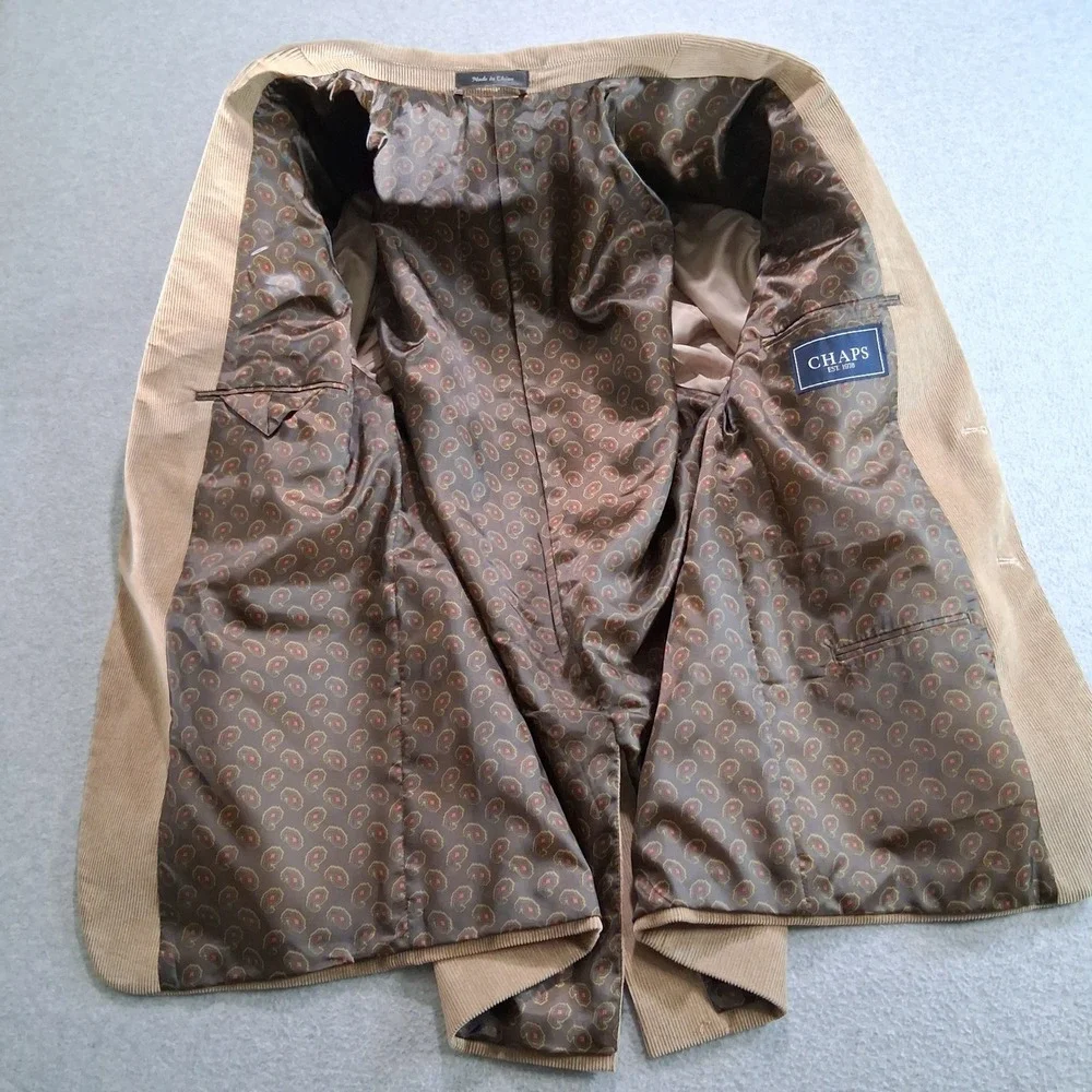 Chaps Blazer Mens 44R Solid Tan Corduroy Sport Coat Elbow Patches Paisley Lining